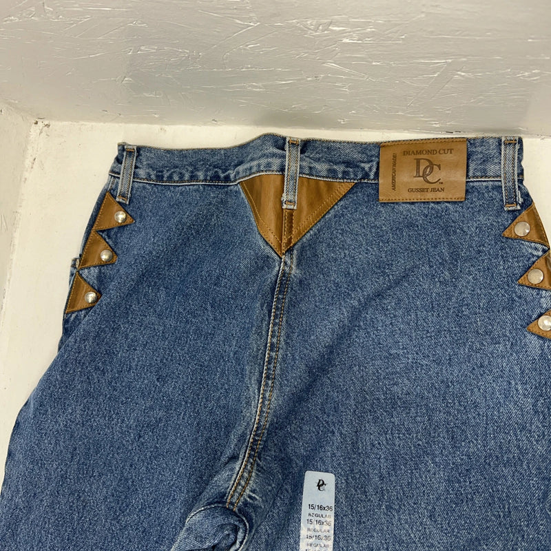 New Women’s Diamond Cut Gusset Regular Fit Leather Denim Jeans. 15/16x36 L-17