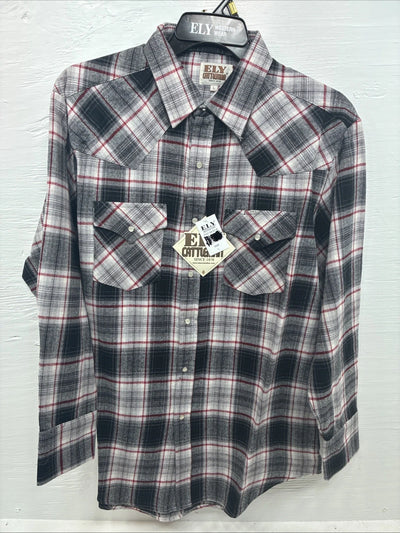 New Men’s ELY Cattleman Black Red Plaid Long Sleeve Pearl Snap Large V-71