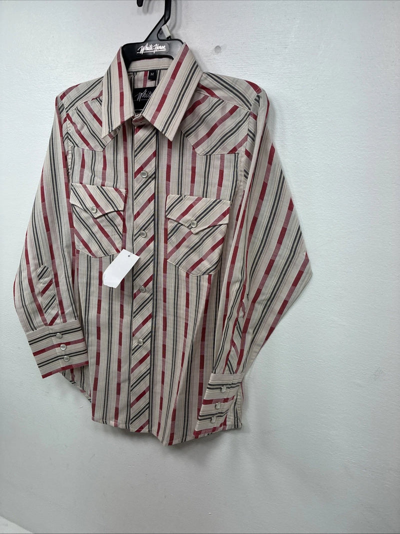 New Boys White Horse Red Stripe Long Sleeve Pearl Snap Medium DD-113