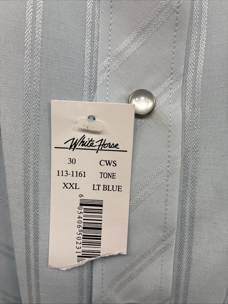 New Men’s White Horse Baby Blue Stripe Long Sleeve Pearl Snap 2XL H-49