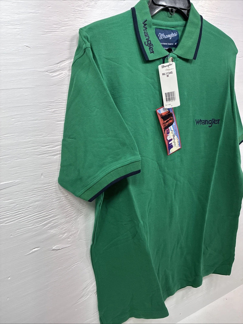 New Men’s Wrangler Green Short Sleeve Polo Shirt Medium K-64