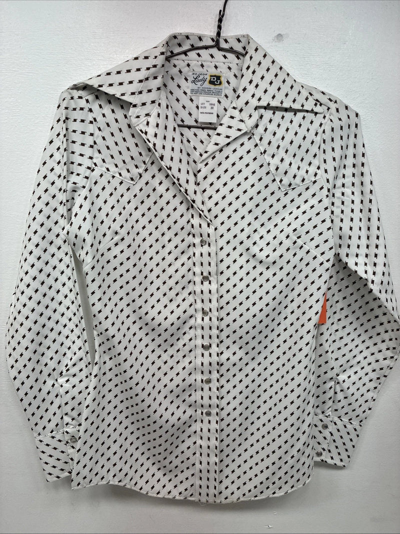 New Women’s Dickson Jenkins White Brown Long Sleeve Pearl Snap Size 30 KK-94