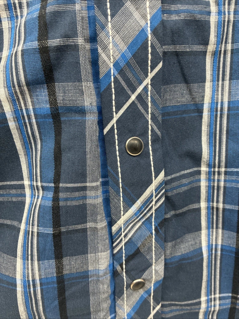 New Men’s ELY 1878 Blue Gray Plaid Short Sleeve Pearl Snap Large X-45