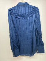 New Women’s H Bar C Blue Designed Long Sleeve Pearl Snap Size 36 II-52