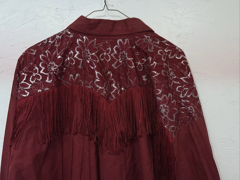 New Women’s Lila Smitty Burgundy Western Show Shirt With Fringe XL #332 UU-14