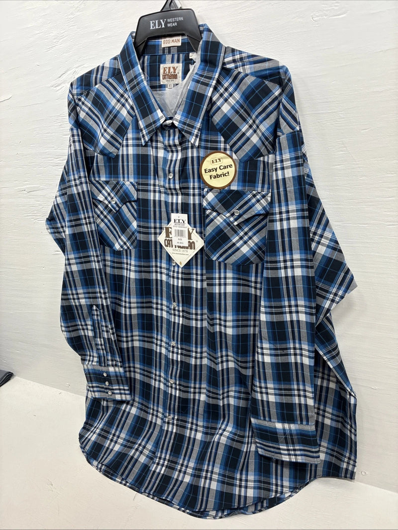New Men’s ELY Cattleman Blue Flannel Long Sleeve Pearl Snap 4XL E-89