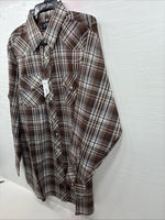 New Men’s White Horse Brown Plaid Long Sleeve Pearl Snap XL O-48