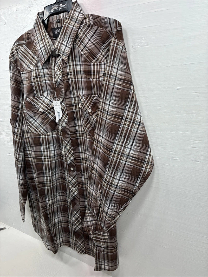 New Men’s White Horse Brown Plaid Long Sleeve Pearl Snap XL O-48