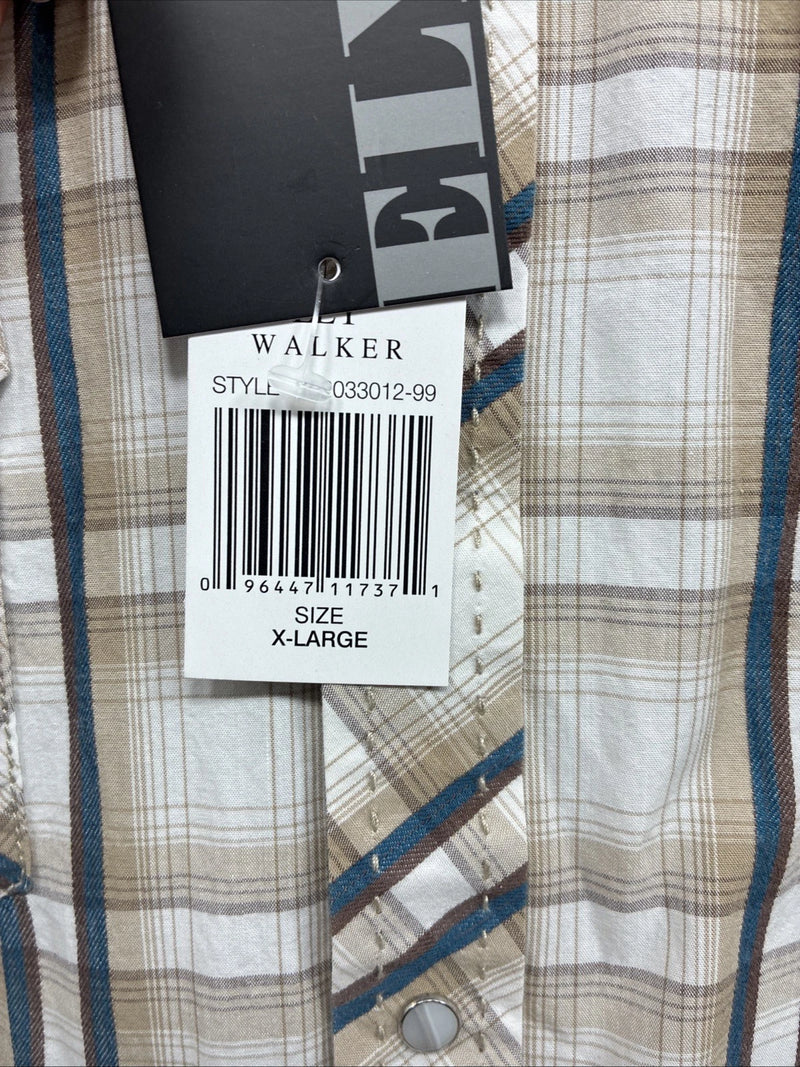New Men’s ELY 1878 Brown Blue Plaid Long Sleeve Pearl Snap XL V-28