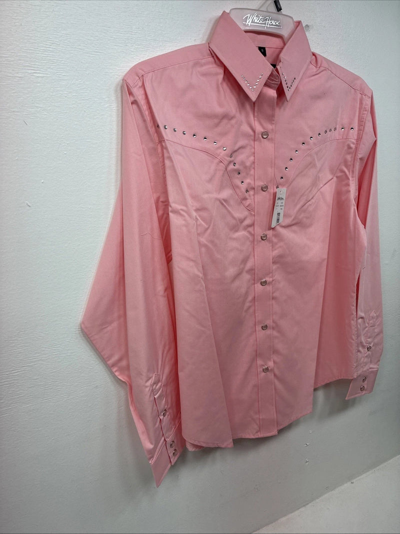 New Women’s White Horse Pink Gem Long Sleeve Pearl Snap Small LL-61