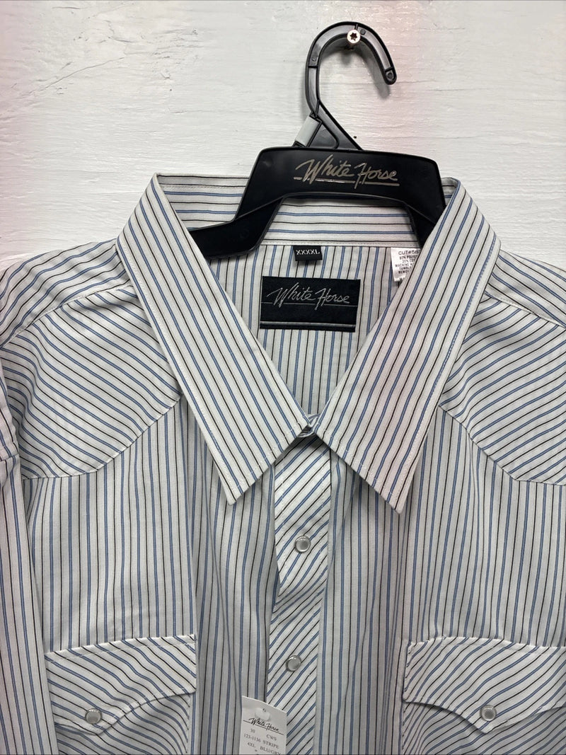 New Men’s White Horse White Striped Long Sleeve Pearl Snap 4XL F-46