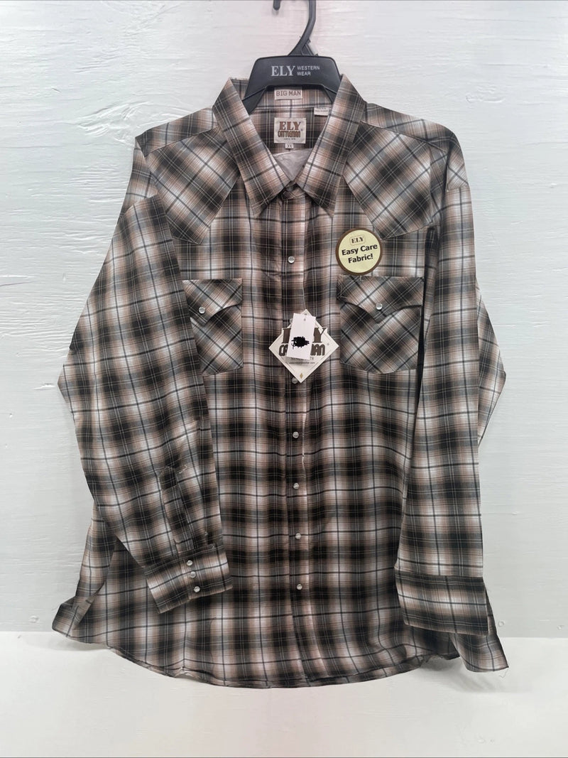 New Men’s ELY Cattleman Tan Long Sleeve Pearl Snap 3XL E-34