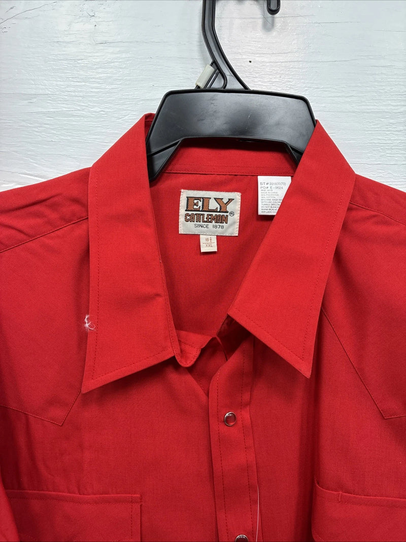 New Men’s ELY Cattleman Red Short Sleeve Pearl Snap 2XL Regular E-42