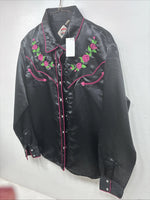 New Women’s Cumberland Black Floral Long Sleeve Pearl Snap Large KK-88