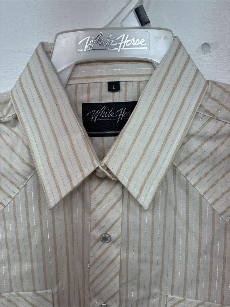 New Women’s White Horse Gold Stripe Long Sleeve Pearl Snap Large II-66