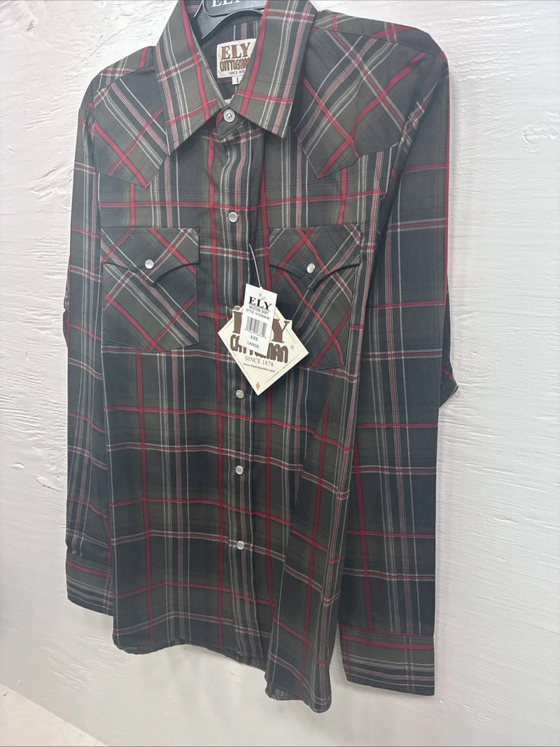 New Kids ELY Cattleman Green Red Plaid Long Sleeve Pearl Snap Large DD-30