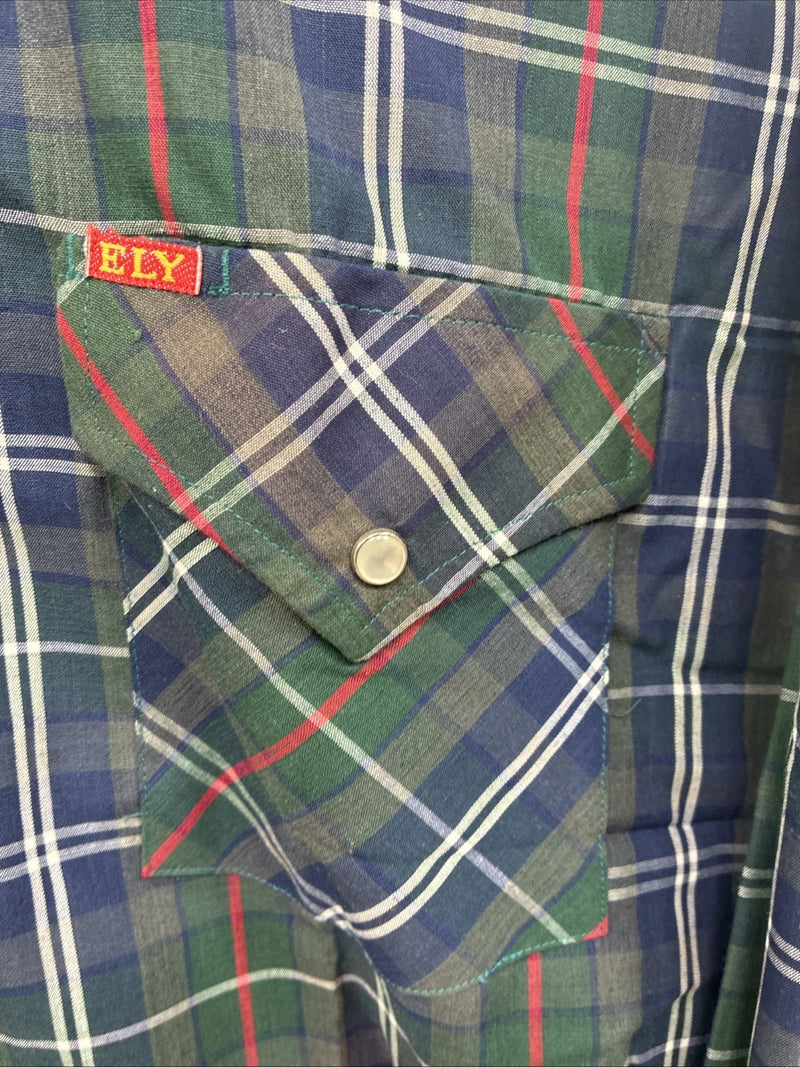 New Men’s ELY Plains Green Multicolor Plaid Long Sleeve Pearl Snap Medium M-45