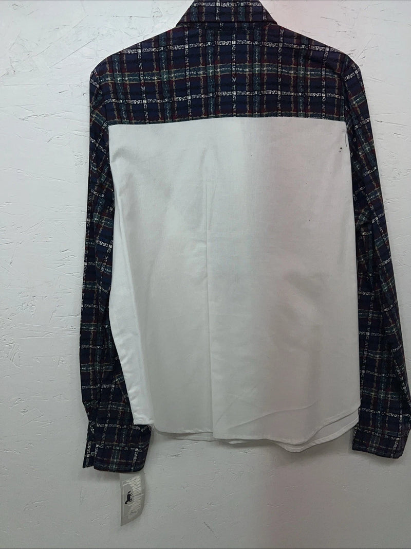 New Women’s Cowboy Threads White Navy Plaid Long Sleeve Button Up M #7906 3C-41