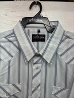 New Men’s White Horse Blue Striped Long Sleeve Pearl Snap 2XL H-45