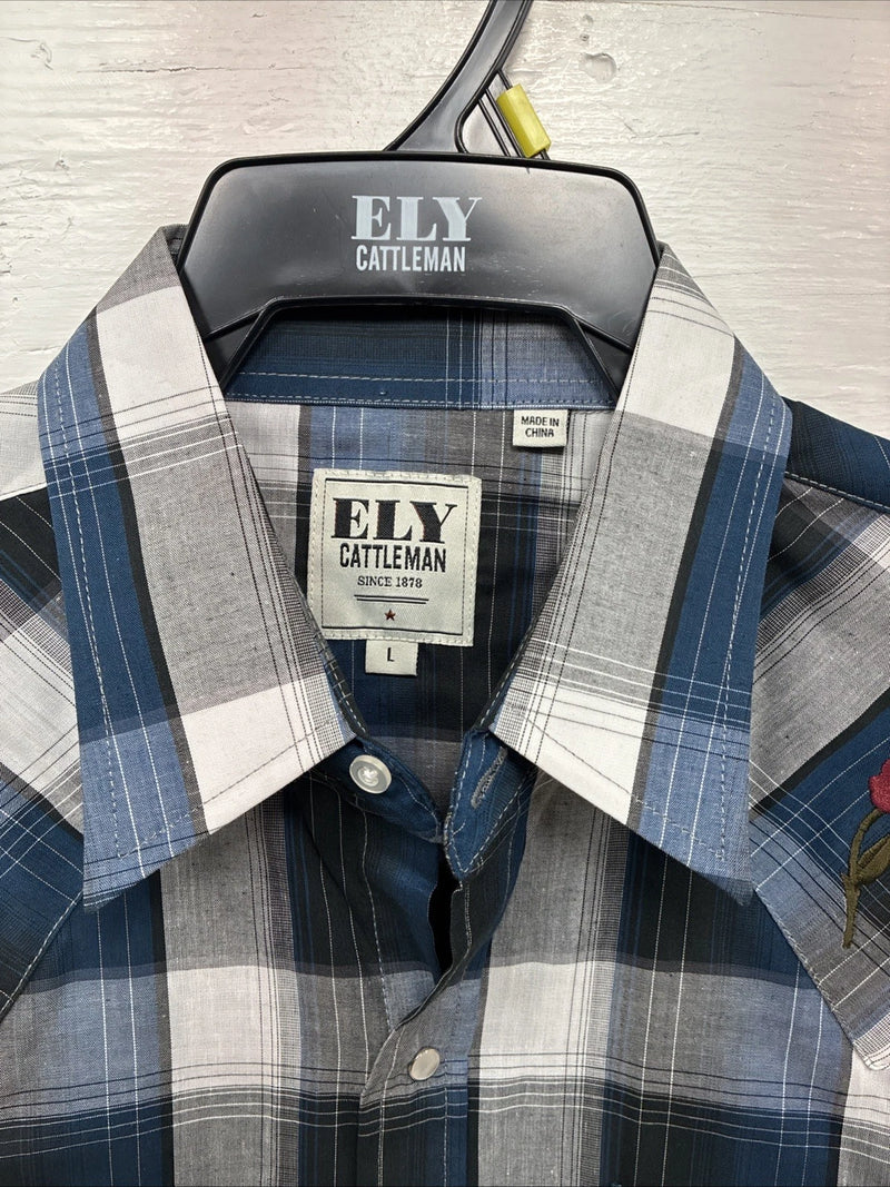 New Emma ELY Cattleman Blue Gray Plaid Long Sleeve Pearl Snap Large AA-16