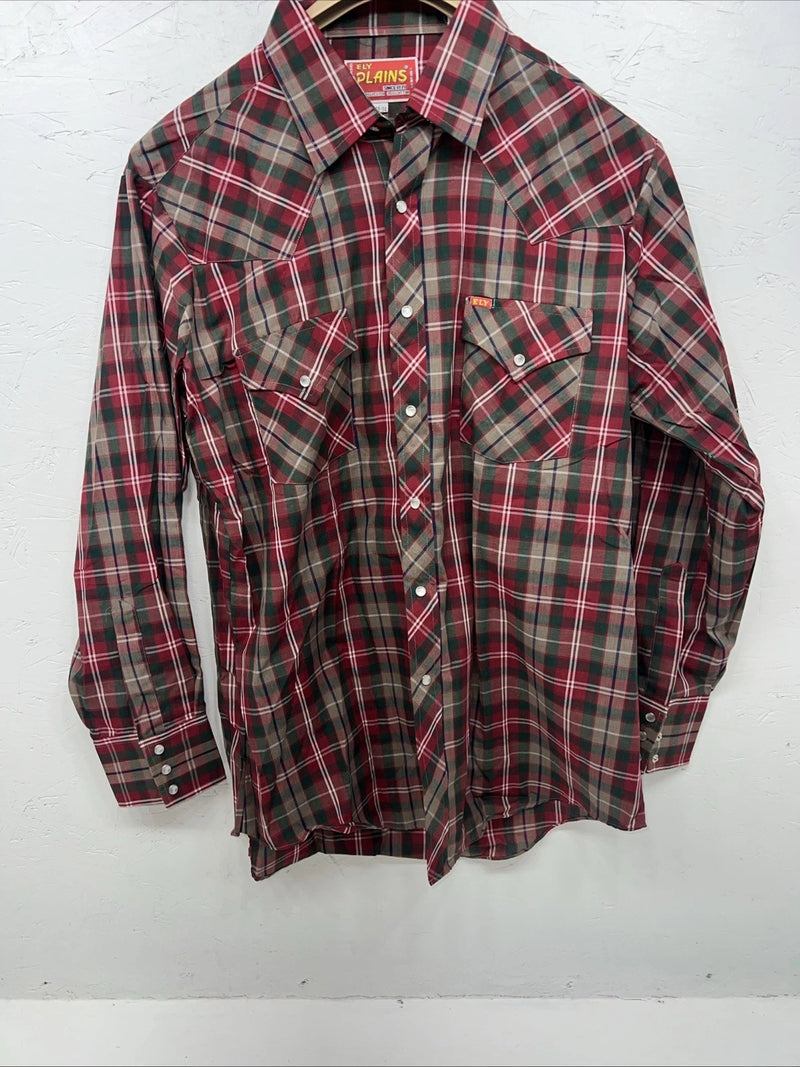 New Men’s Red Plaid ELY Plains Long Sleeve Pearl Snap Shirt. 16.5x34 L S-11
