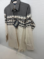 New Men’s Brooks & Dunn Tan Gray Design Long Sleeve Pearl Snap 16.5 Large V-25