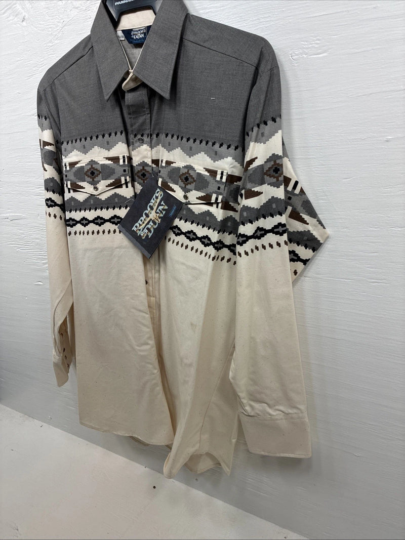 New Men’s Brooks & Dunn Tan Gray Design Long Sleeve Pearl Snap 16.5 Large V-25