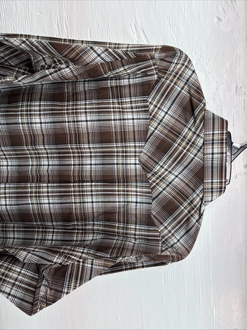 New Men’s White Horse Brown Plaid Long Sleeve Pearl Snap XL O-48