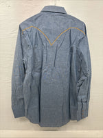 New Men’s Blue Jean Yellow Design Long Sleeve Pearl Snap 16.5 X 34 Large V-95