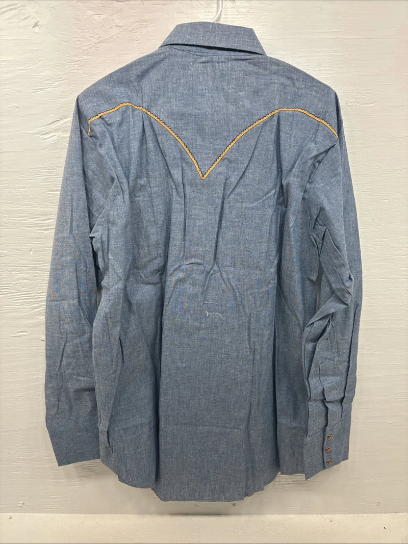 New Men’s Blue Jean Yellow Design Long Sleeve Pearl Snap 16.5 X 34 Large V-95