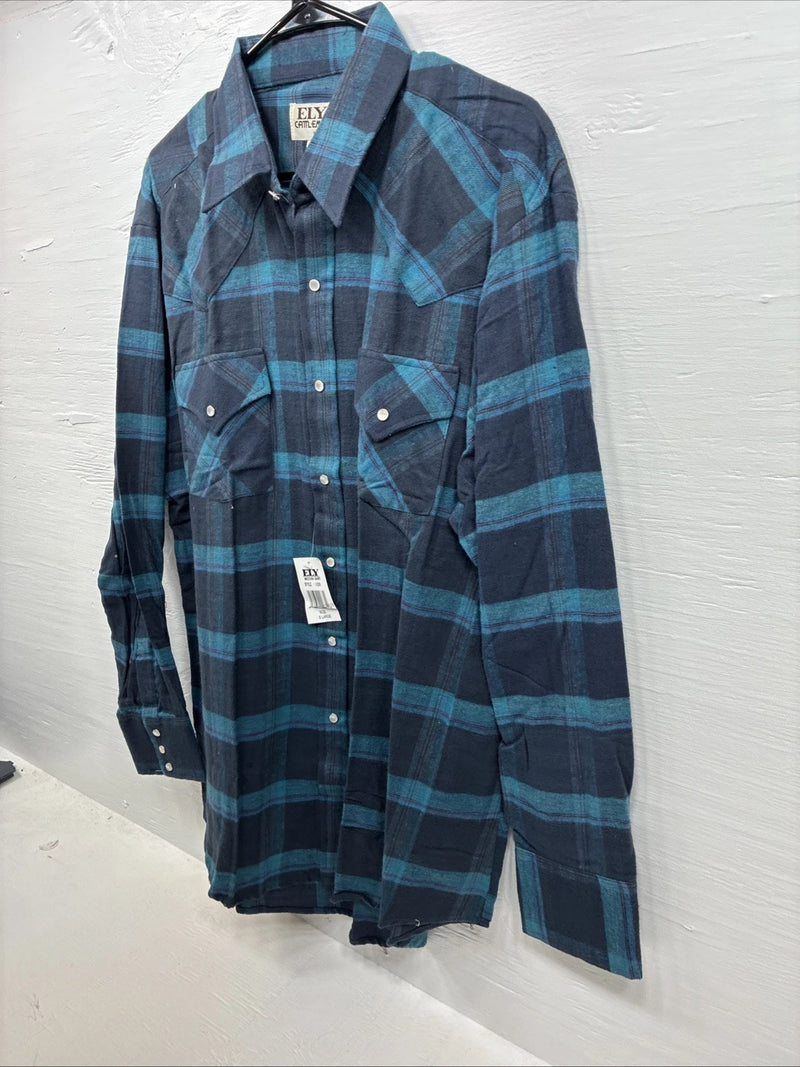 New Men’s ELY Cattleman Blue Plaid Long Sleeve Pearl Snap XL H-74