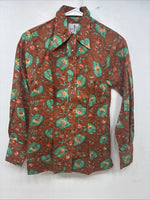 New Women’s Tem Tex Orange Floral Long Sleeve Pearl Snap Size 30 MM-105