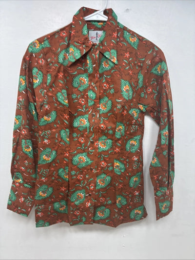 New Women’s Tem Tex Orange Floral Long Sleeve Pearl Snap Size 30 MM-105