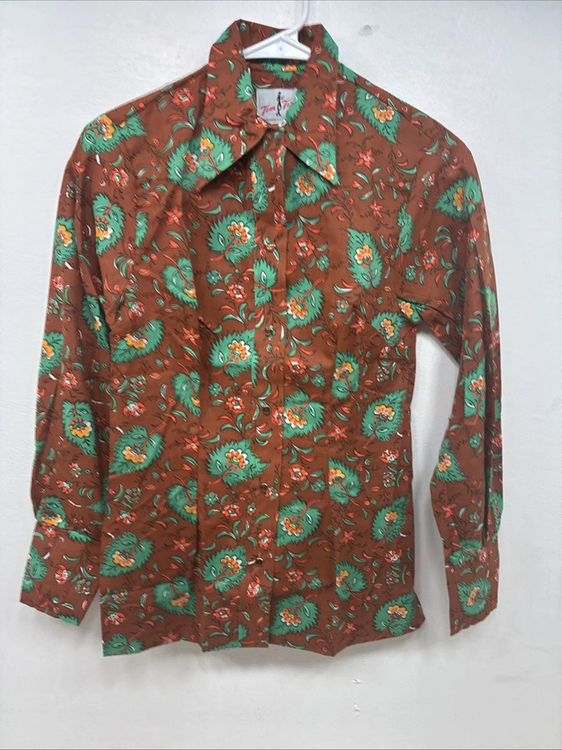New Women’s Tem Tex Orange Floral Long Sleeve Pearl Snap Size 30 MM-105