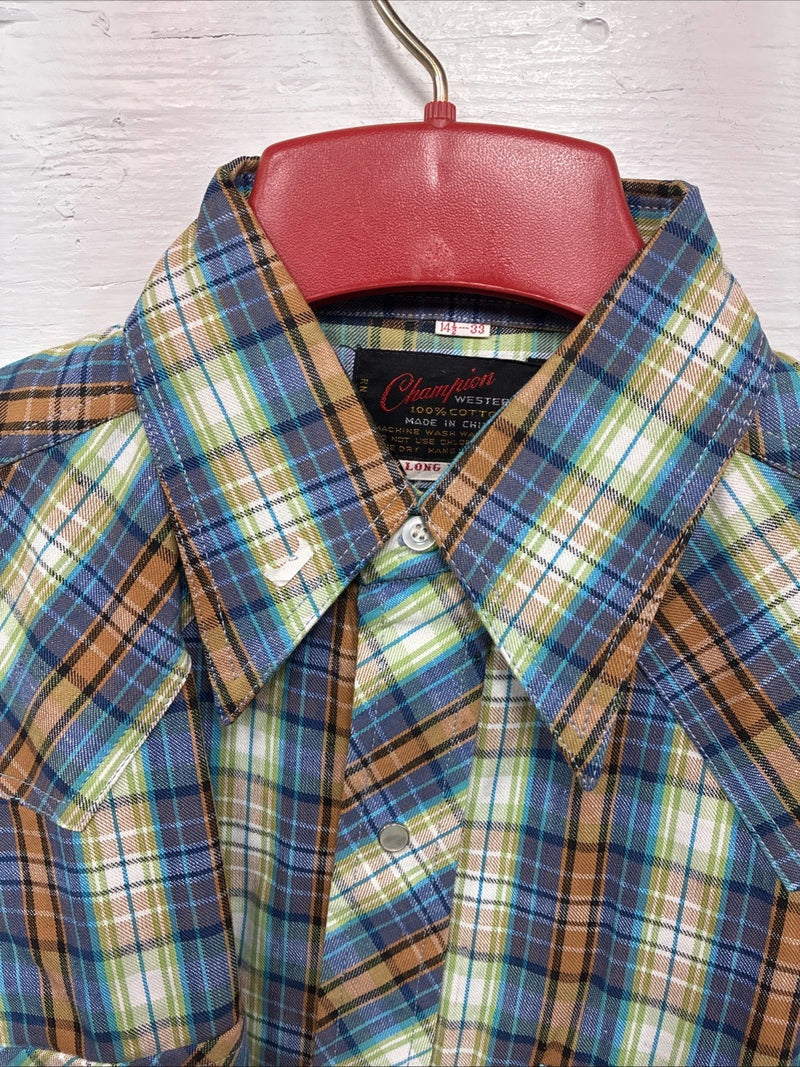 New Men’s Champion Westerns Multicolor Plaid Long Sleeve Pearl Snap Small O-33