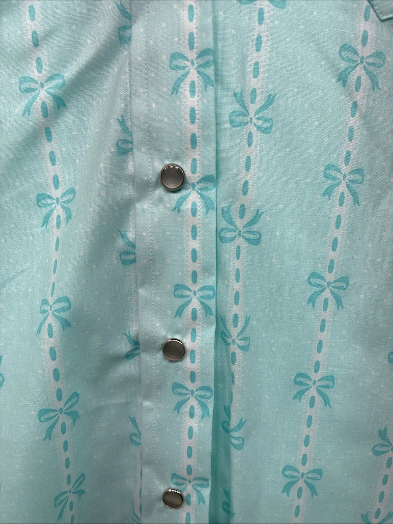New Women’s H Bar C Blue Bow Short Sleeve Pearl Snap Size 32 LL-56