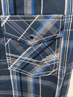New Men’s ELY 1878 Blue Black Plaid Short Sleeve Pearl Snap Medium J-91