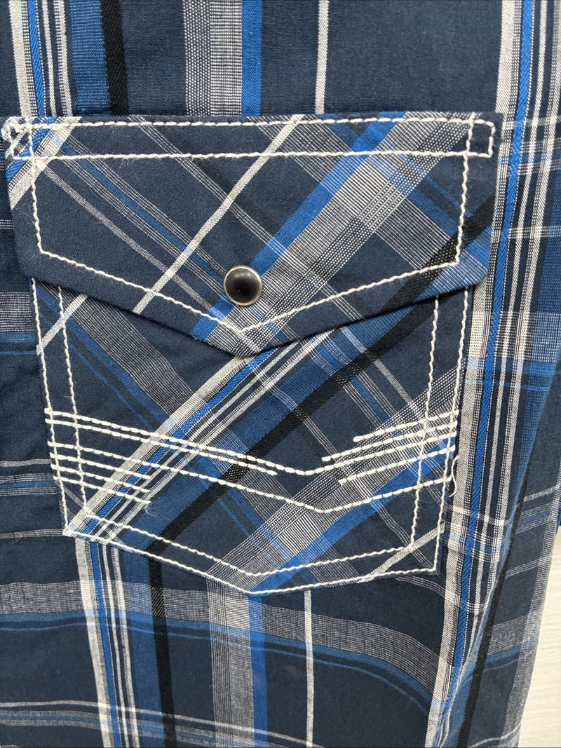New Men’s ELY 1878 Blue Black Plaid Short Sleeve Pearl Snap Medium J-91