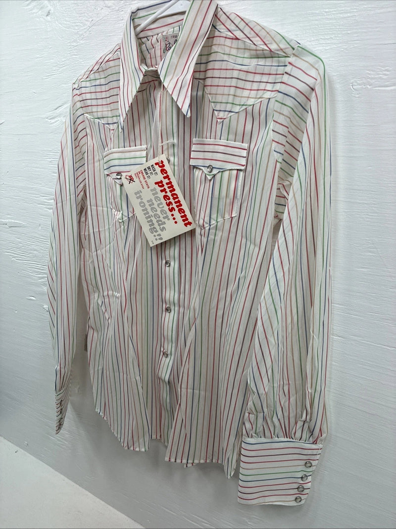 New Women’s Rock mount White Stripe Long Sleeve Pearl Snap Small AA-52