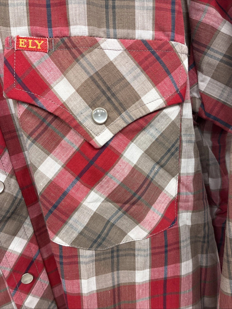 New Men’s ELY Plains Red Brown Plaid Long Sleeve Pearl Snap Medium X-42