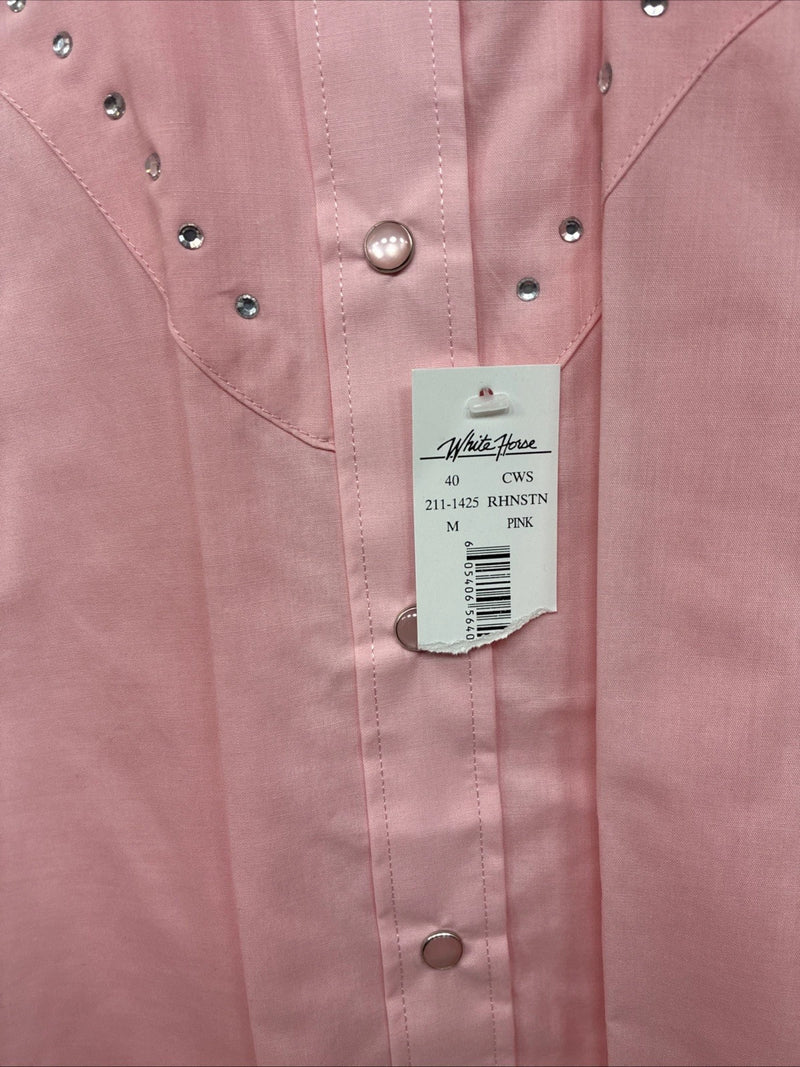 New Women’s White Horse Pink Gem Long Sleeve Pearl Snap Medium LL-60