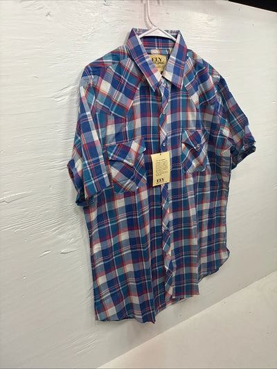 New Men’s ELY Cattleman Multicolor Plaid Short Sleeve Pearl Snap Large X-25