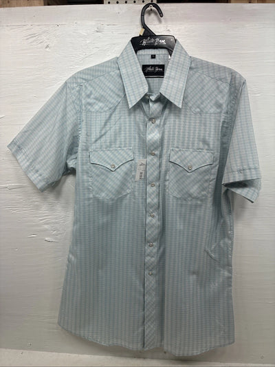 New Men’s White Horse Blue Plaid Short Sleeve Pearl Snap Large CC-46