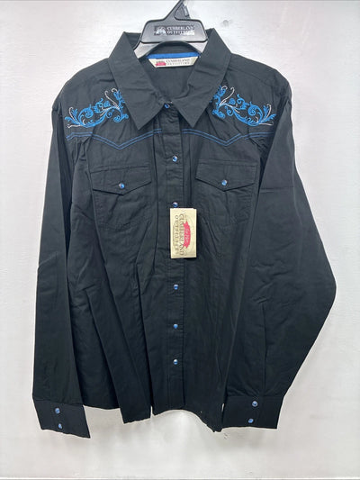 New Women’s Cumberland Black Blue Design Long Sleeve Pearl Snap 2XL GG-35