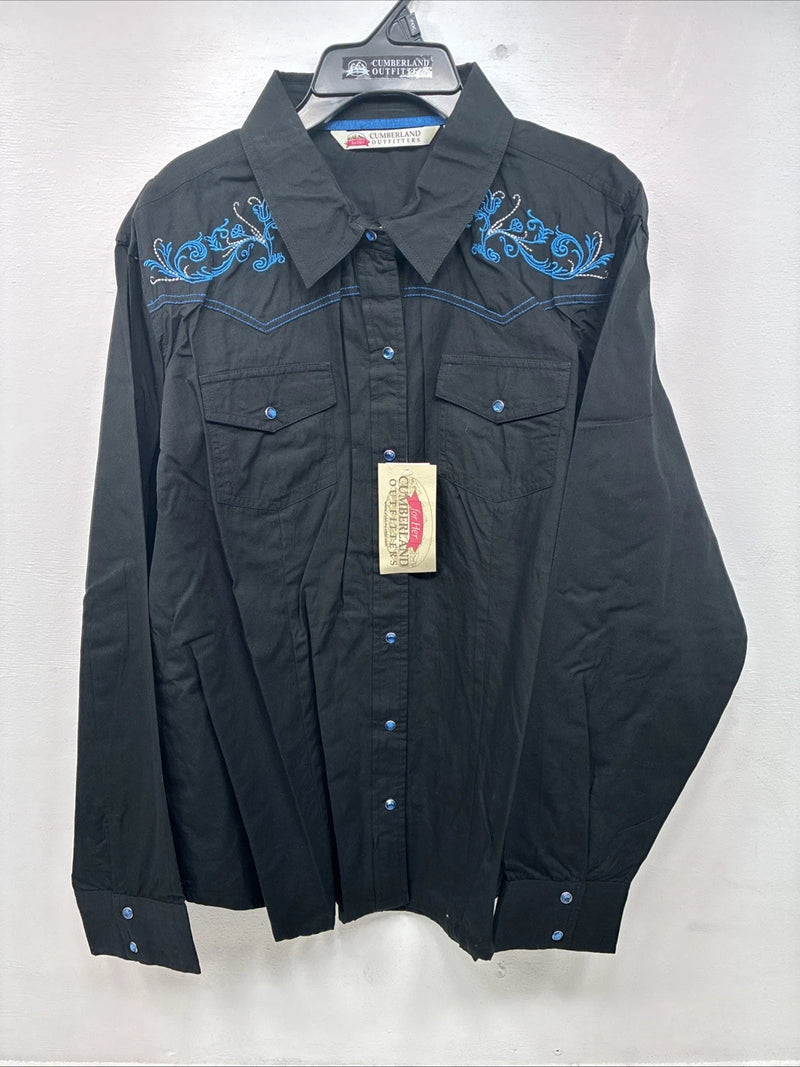 New Women’s Cumberland Black Blue Design Long Sleeve Pearl Snap 2XL GG-35