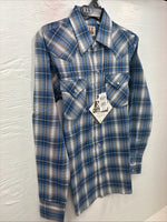New Kids ELY Cattleman Blue Plaid Long Sleeve Pearl Snap Size 14 DD-39