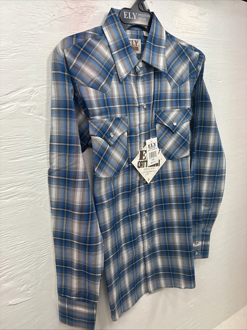 New Kids ELY Cattleman Blue Plaid Long Sleeve Pearl Snap Size 14 DD-39