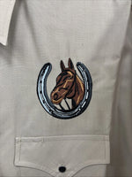 New Men’s ELY Cattleman Tan Horse Design Short Sleeve Pearl Snap Large AA-28
