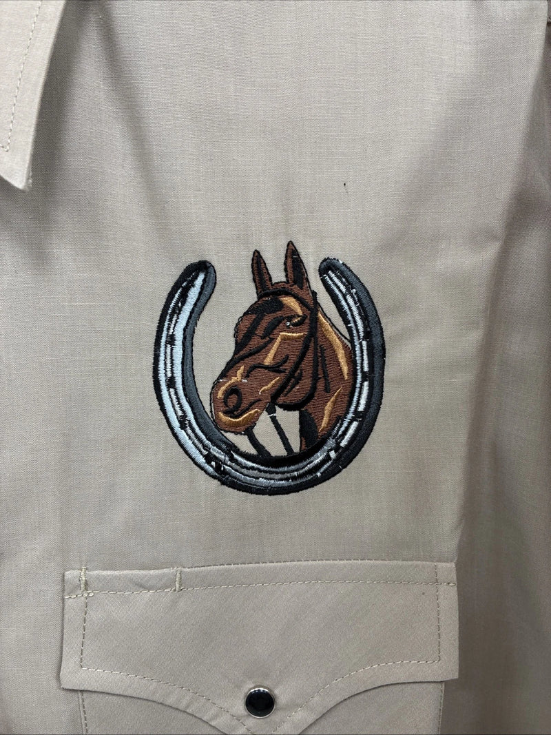 New Men’s ELY Cattleman Tan Horse Design Short Sleeve Pearl Snap Large AA-28