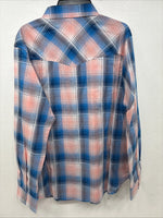 New Women’s Cumberland Pink Blue Plaid Long Sleeve Pearl Snap 1XL Plus GG-68